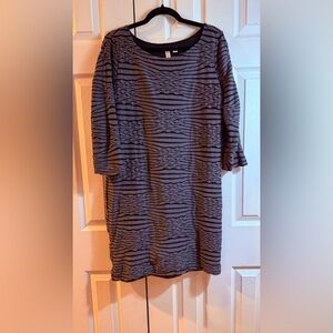 Tacera Elegant Black and Gray Striped Long Sleeve Dress